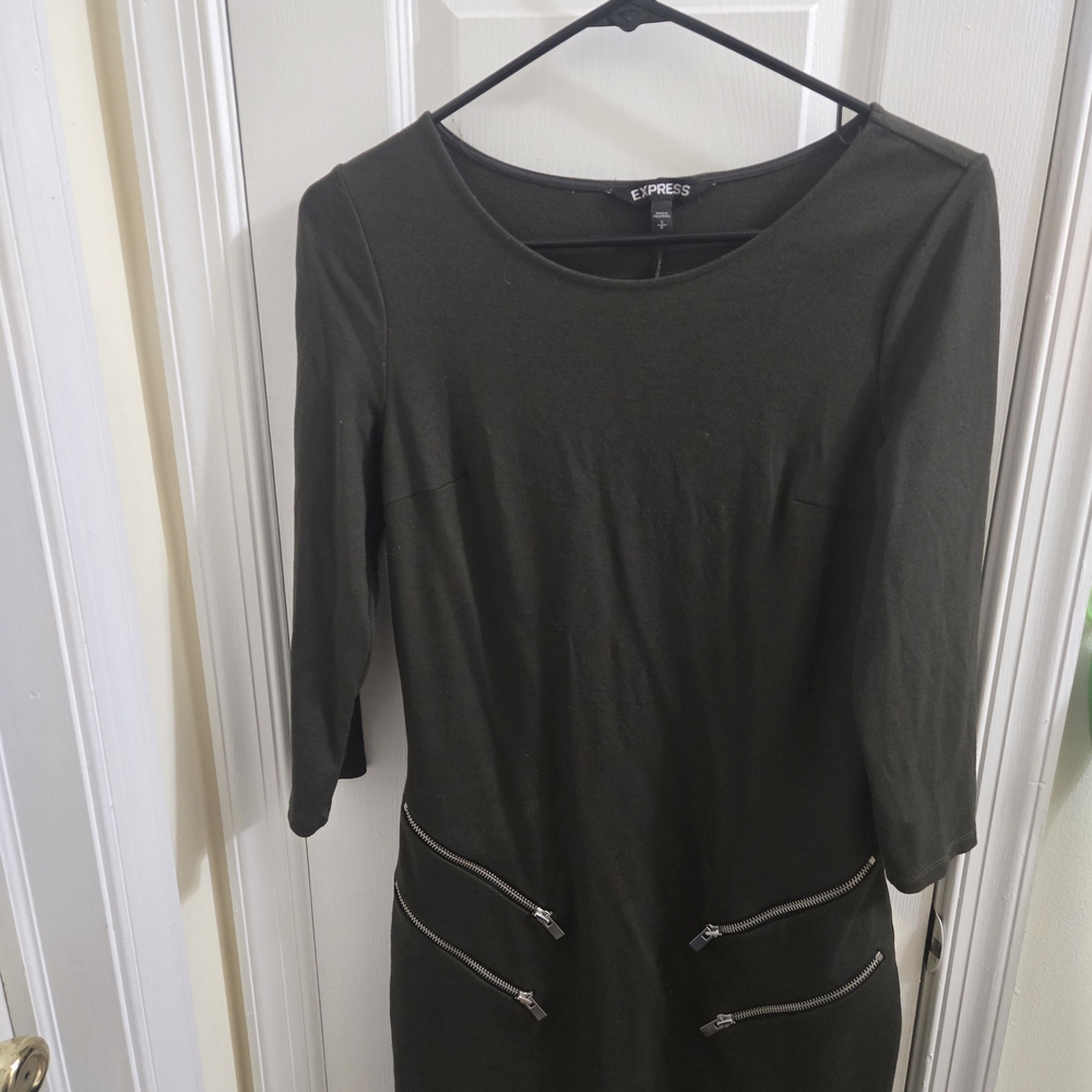 Express Olive Green Dress with Zipper Accents